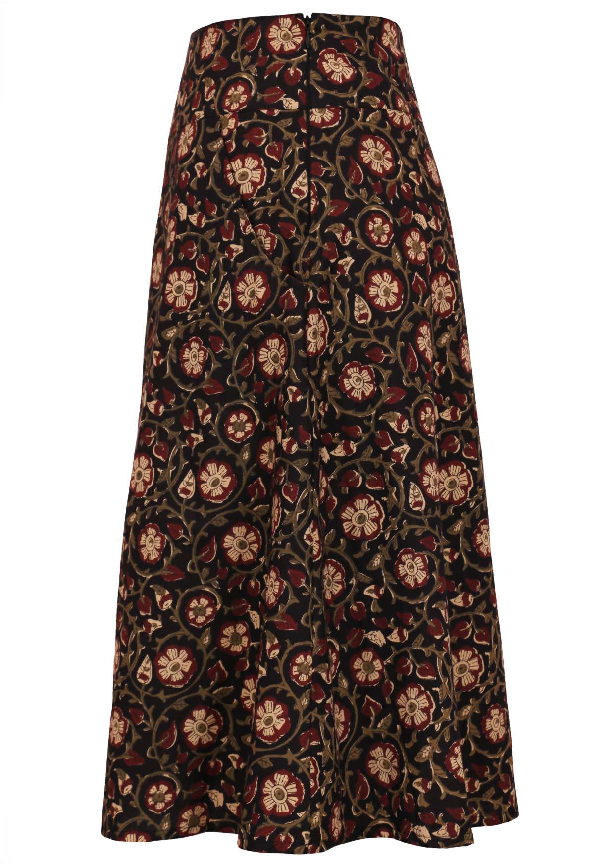 A line cotton skirt with maroon, cream and olive floral print on black base.