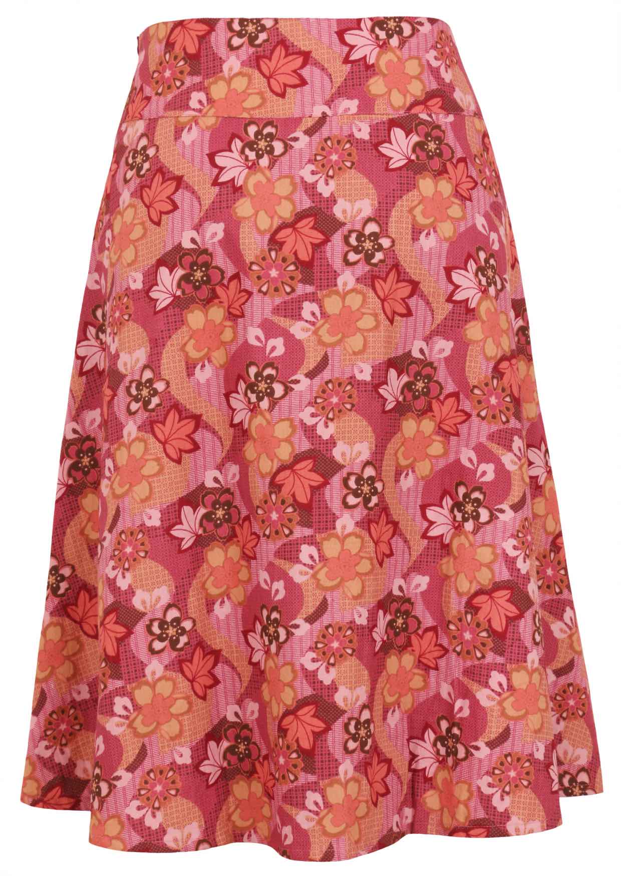 Japanese-style print cotton A-line skirt in pink, maroon, brown, peach, and khaki tones.