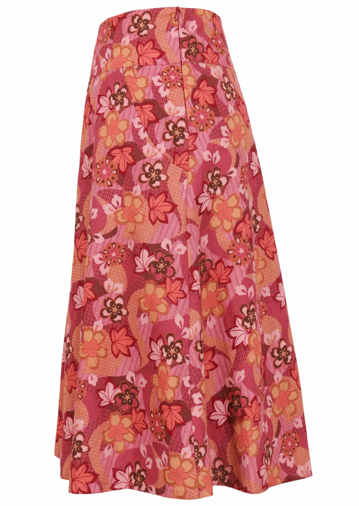 Japanese-style print cotton skirt in pink, maroon, brown, peach, and khaki tones with side zip.