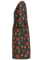 100% cotton knee length dress with pockets, 3/4 sleeves and  pinkish floral print on dark green base.