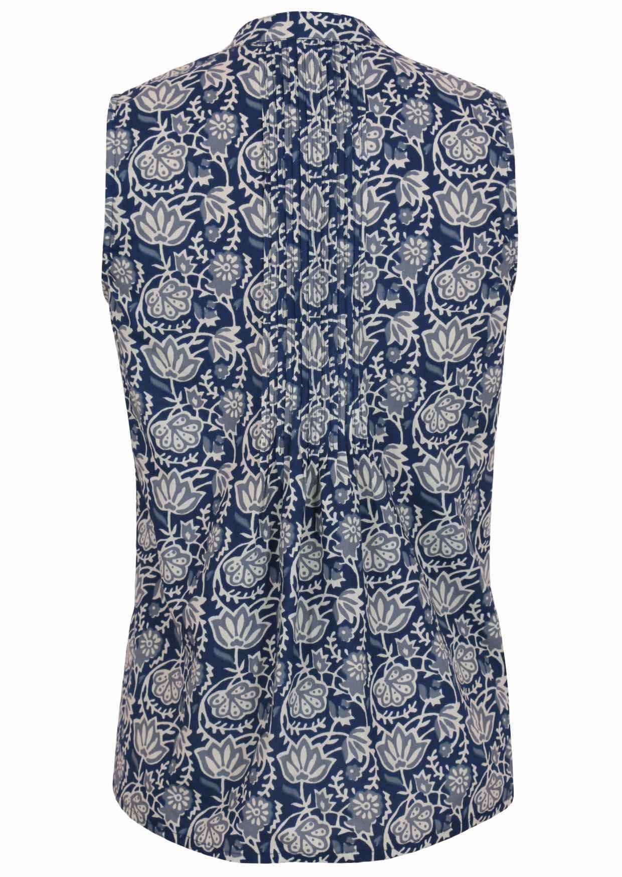 Back mannequin pic of a blue sleeveless blouse with a floral print, features vertical pleats for a tailored look