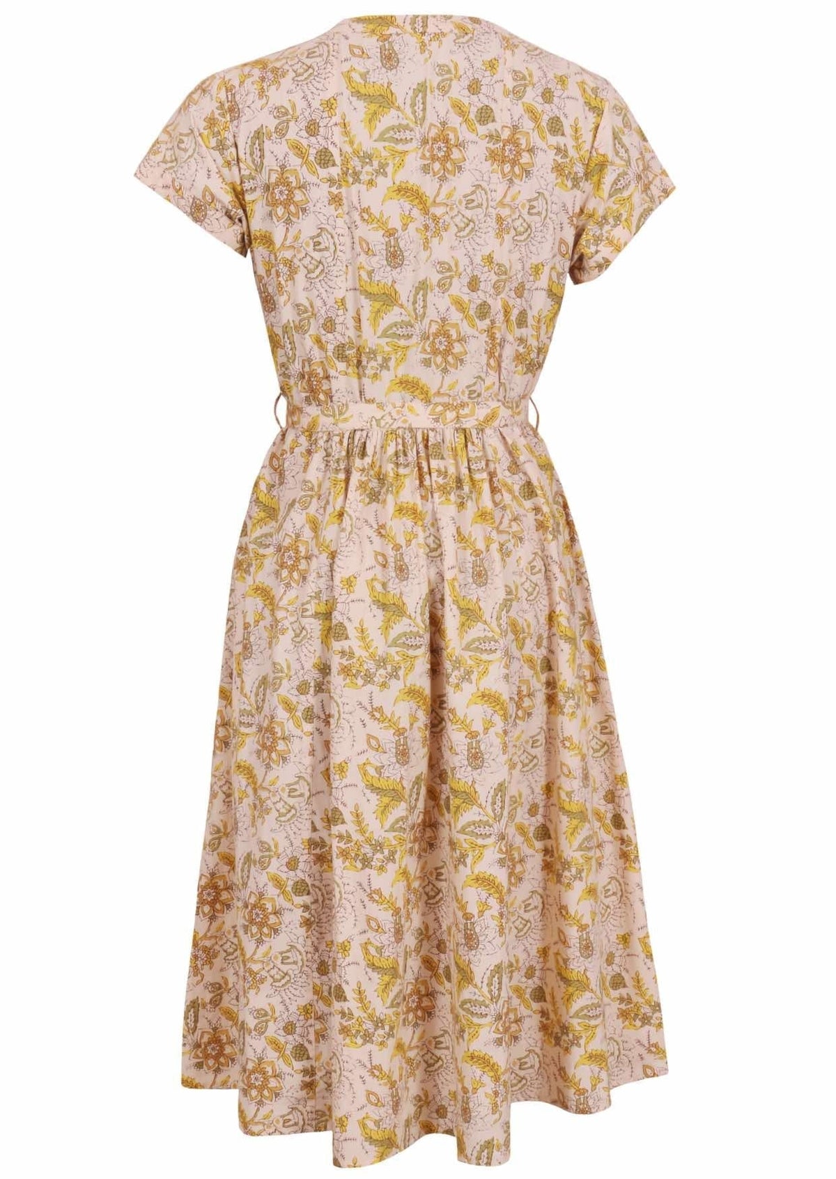 Back view of 50's style cotton midi length dress with a waist tie and cap sleeves