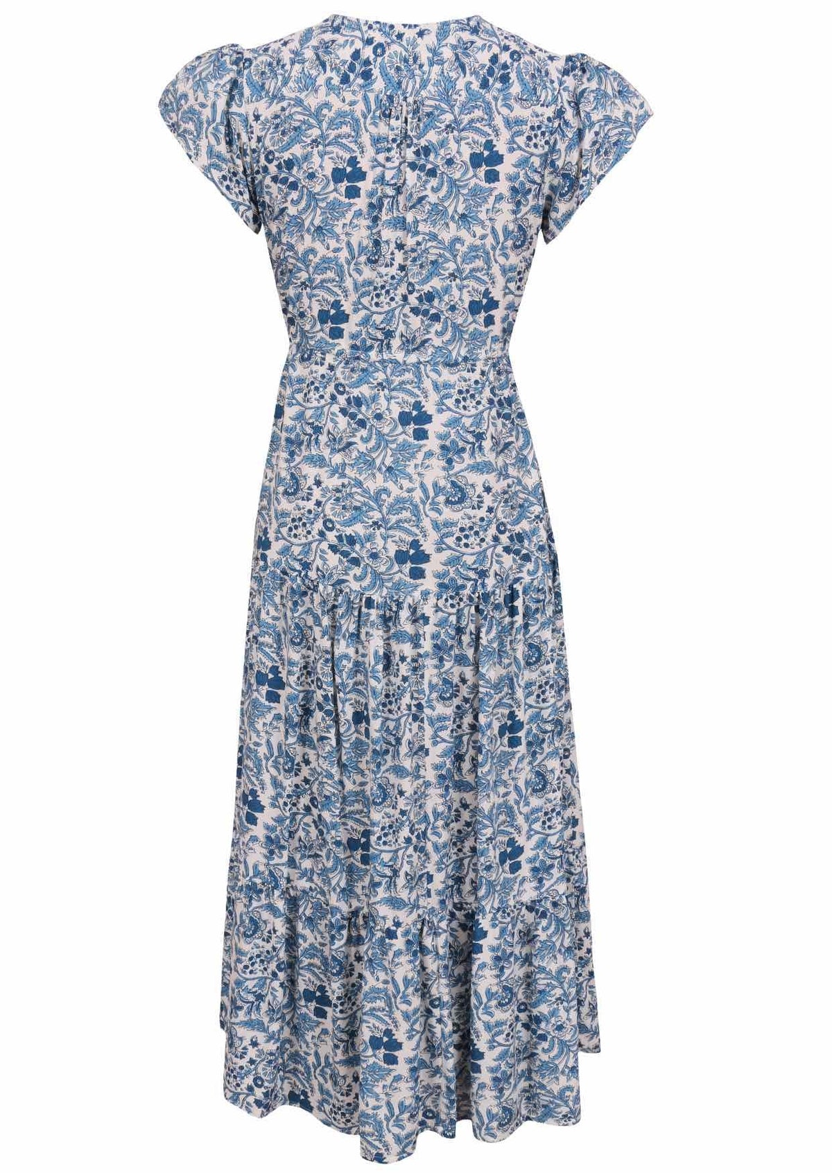 Blue and white floral print maxi dress with cap sleeves and tiered skirt, back view.