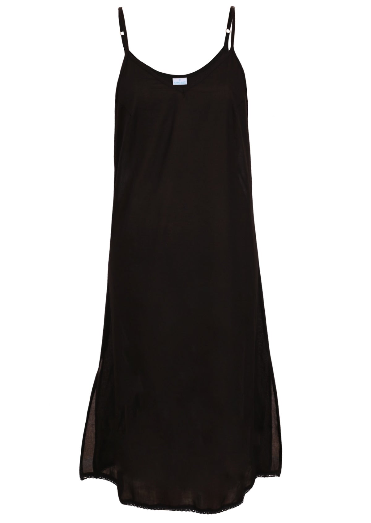 Black cotton voile slip dress with adjustable spaghetti straps, V-neckline, side splits and a picot trim hem, front view