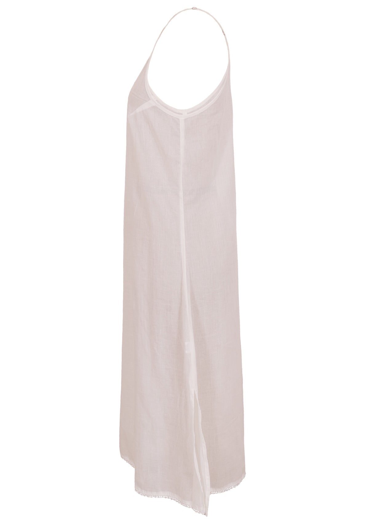 White cotton voile slip dress with adjustable spaghetti straps, V-neckline, side splits and a picot trim hem, side view