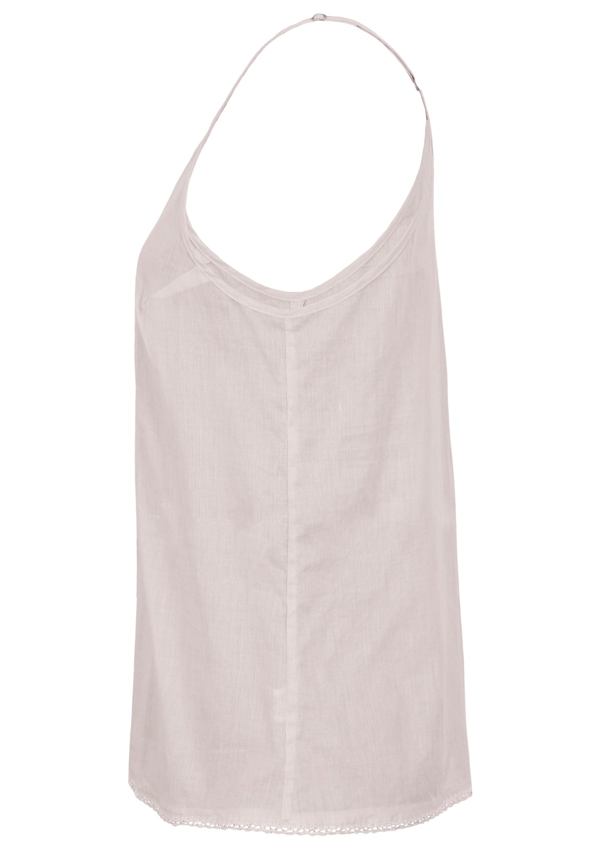 White cotton camisole top with adjustable spaghetti straps, a V-neckline and picot trim, side view