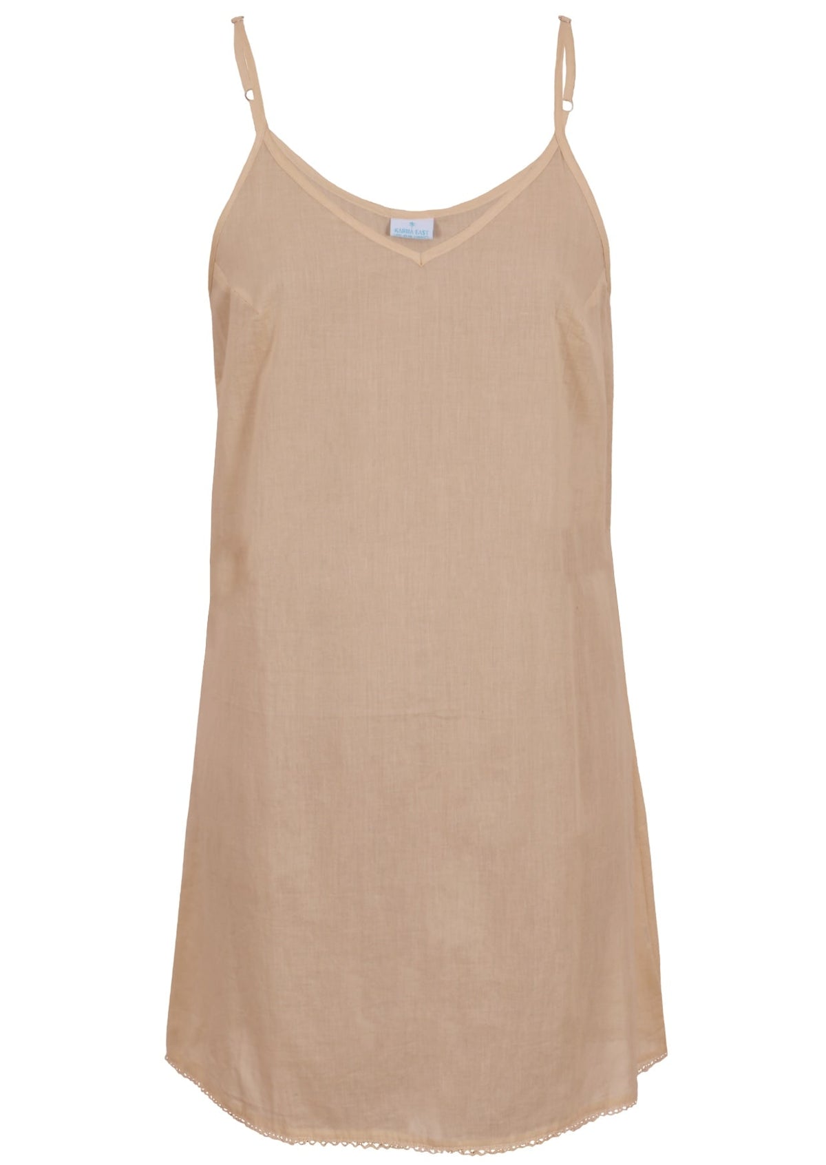 Beige cotton slip v neck with adjustable straps and V-neck, front view