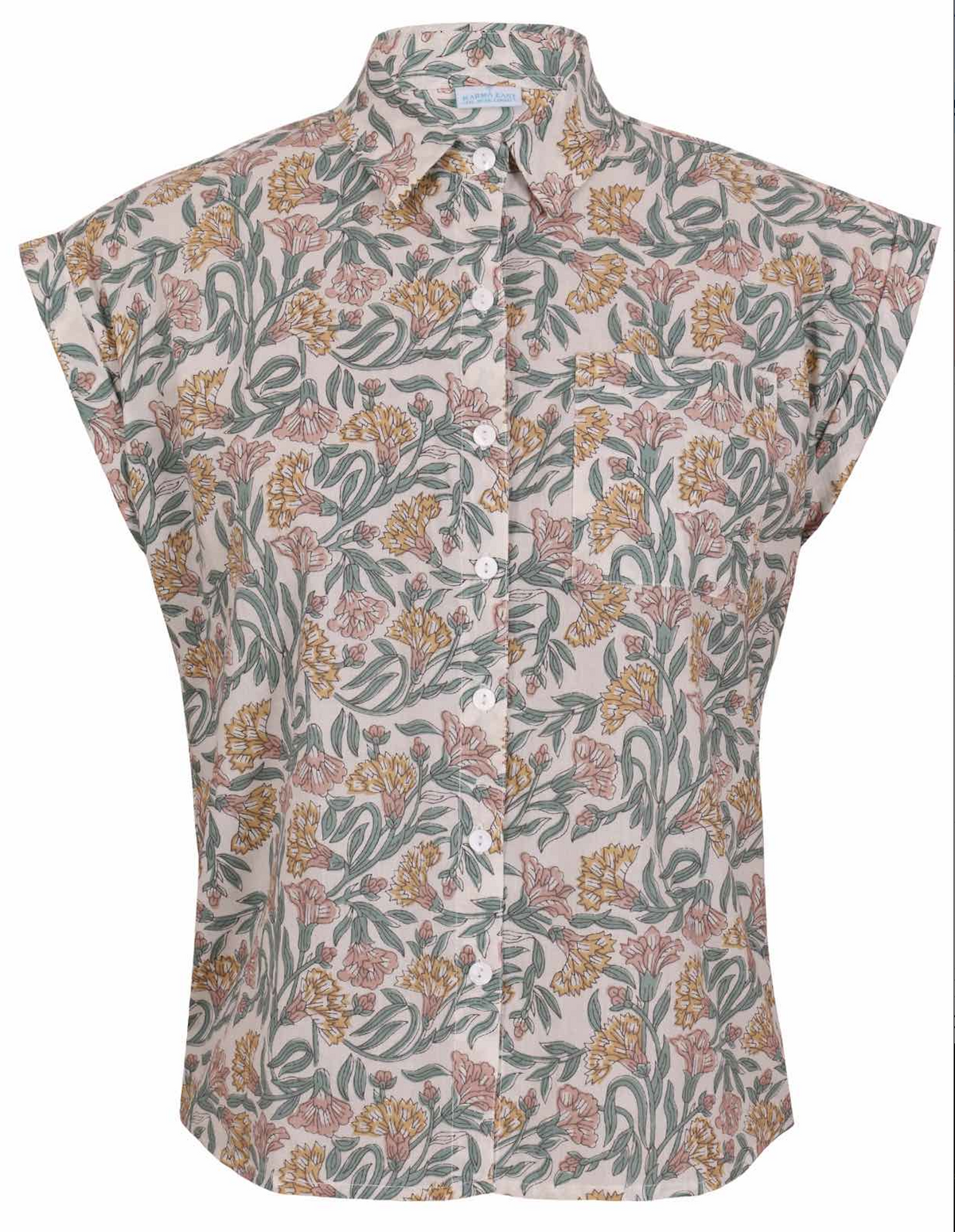 White based floral print cotton shirt on a mannequin against a white background