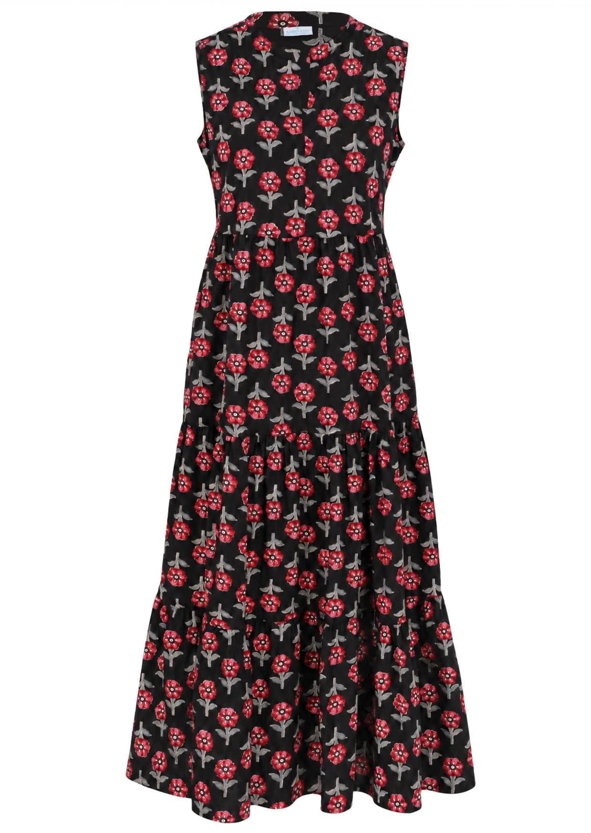 Black sleeveless tiered maxi dress with red folklore floral print, front view