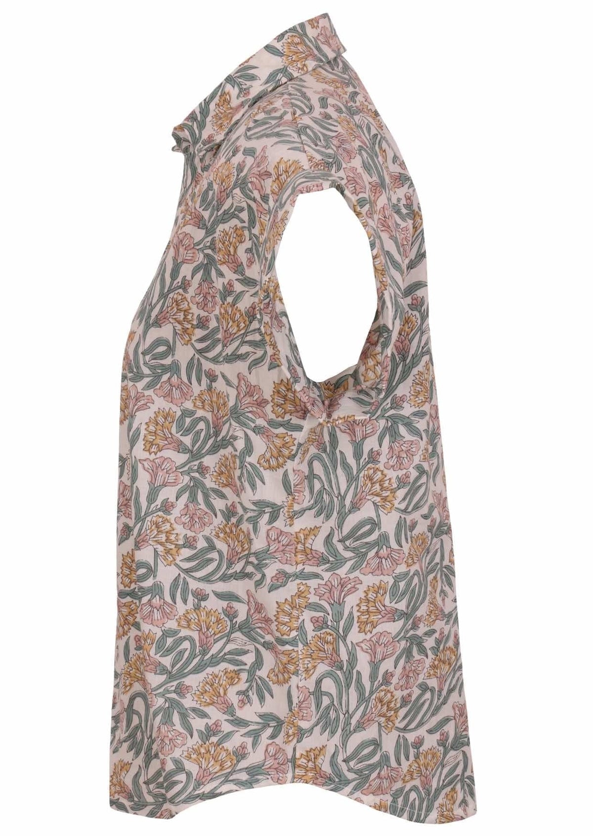 Side view of loose fit shirt style cotton top with collar in white based floral print