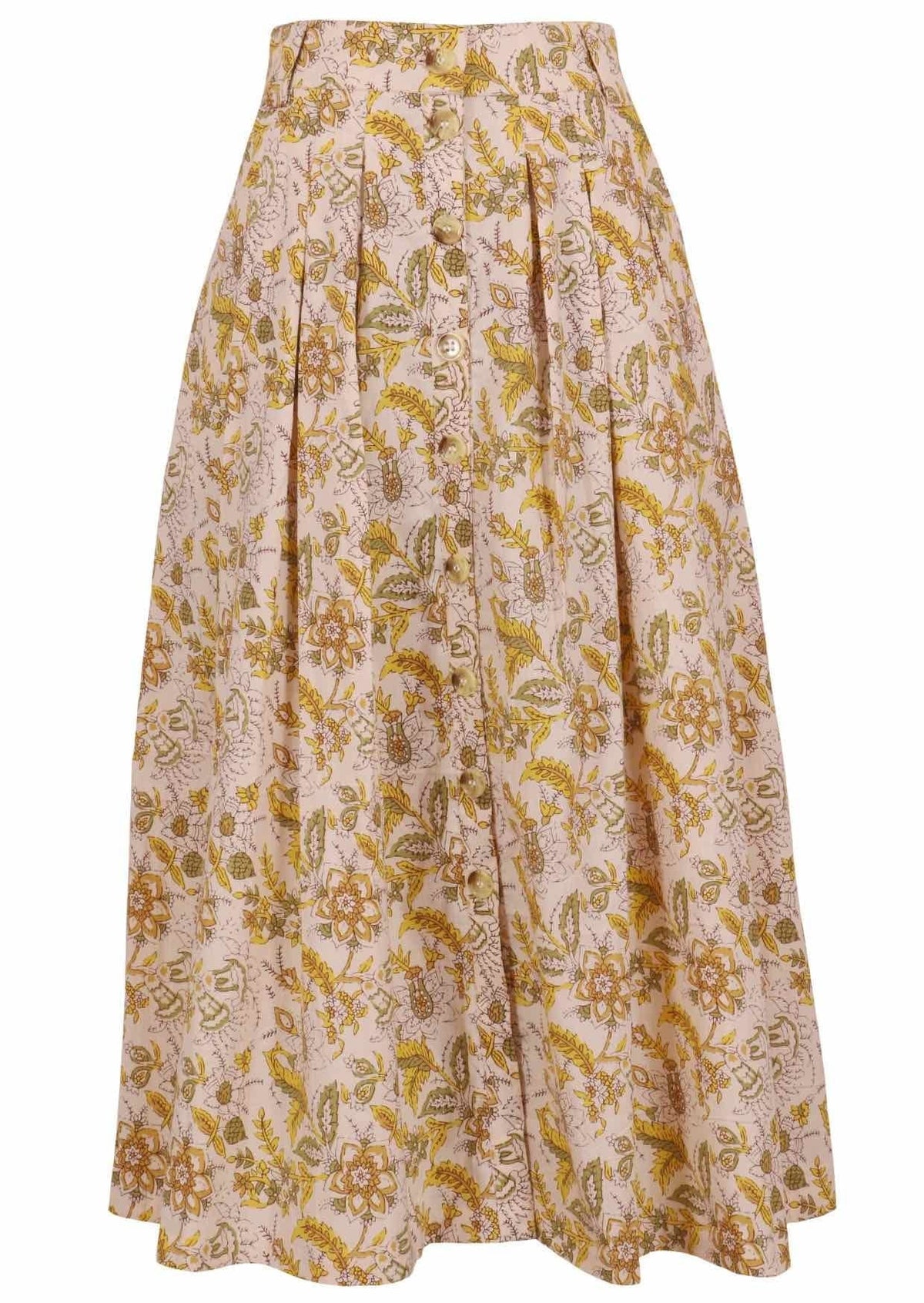 100% cotton knee length button through skirt with box pleats and belt loops in cream based floral print