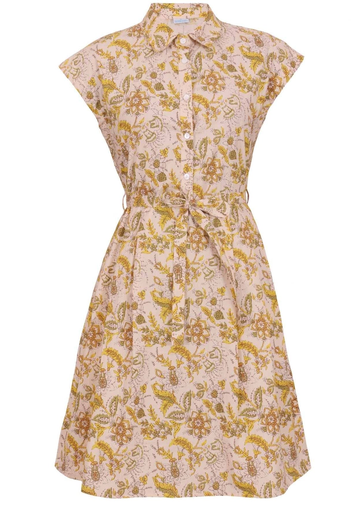 Front view cotton Ursula Dress in Primrose print on mannequin
