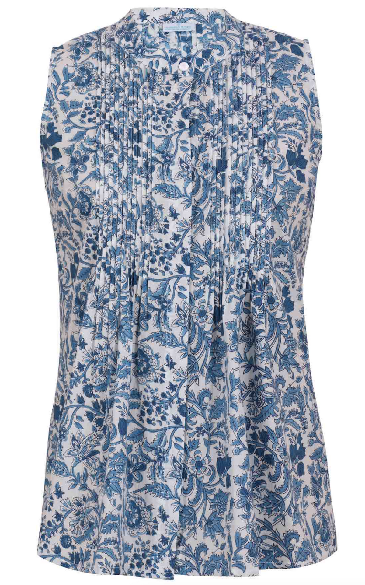 Sleeveless white based blue floral cotton top with button up collar, vertical small pleats and flared hem