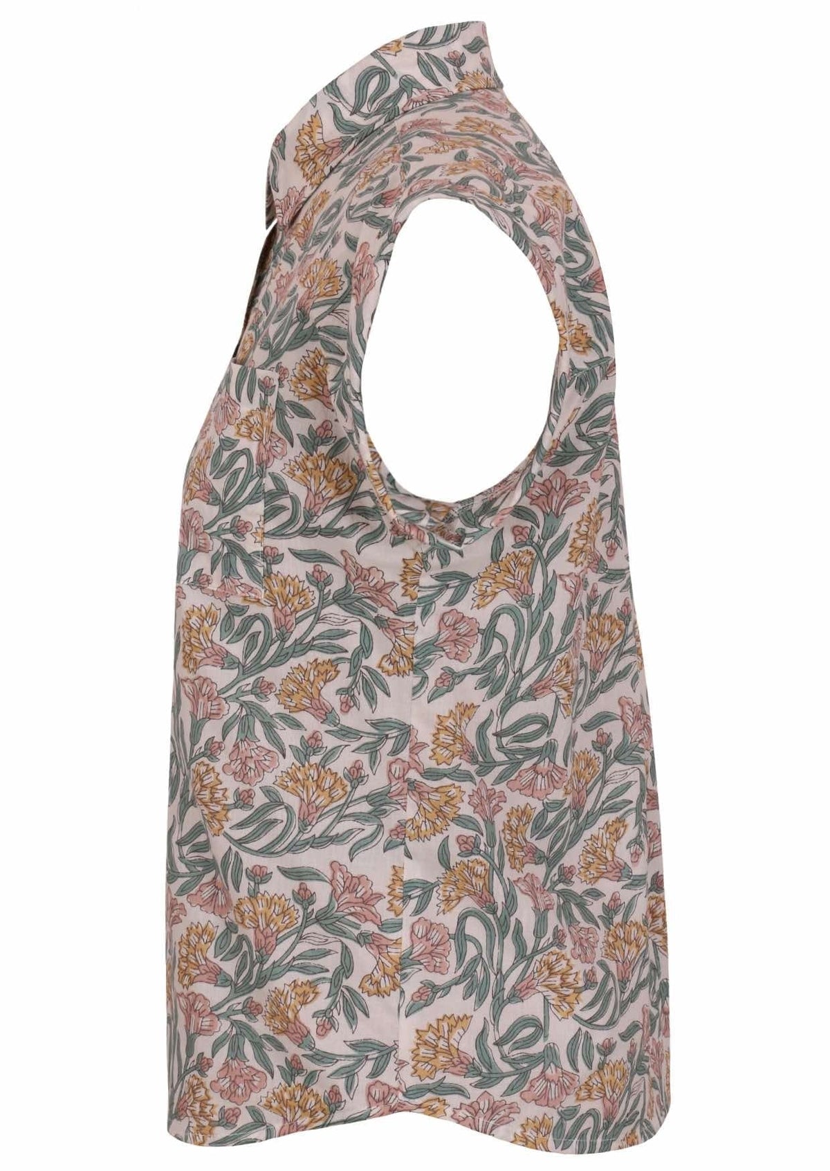 Side view of white based floral print cotton shirt with cap sleeves