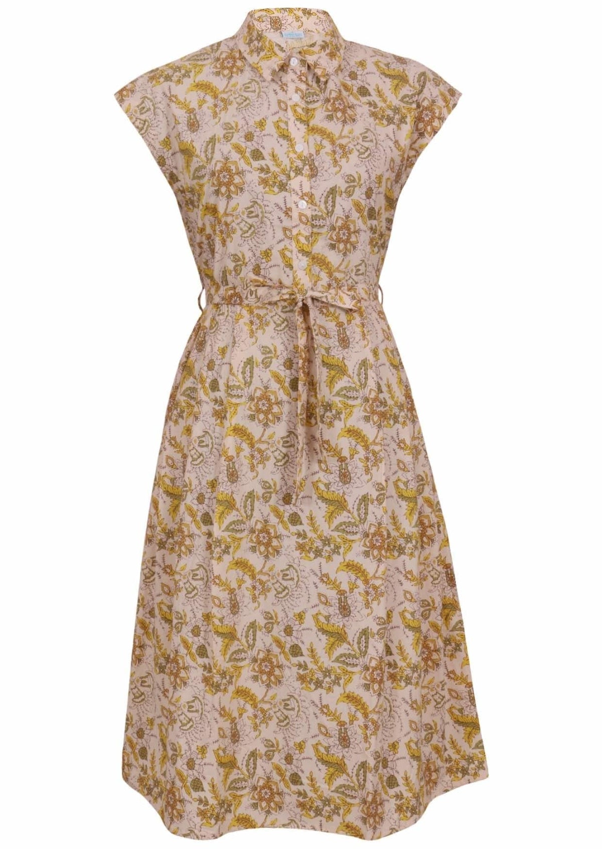 Cream based floral print cotton dress with removable waist tie.