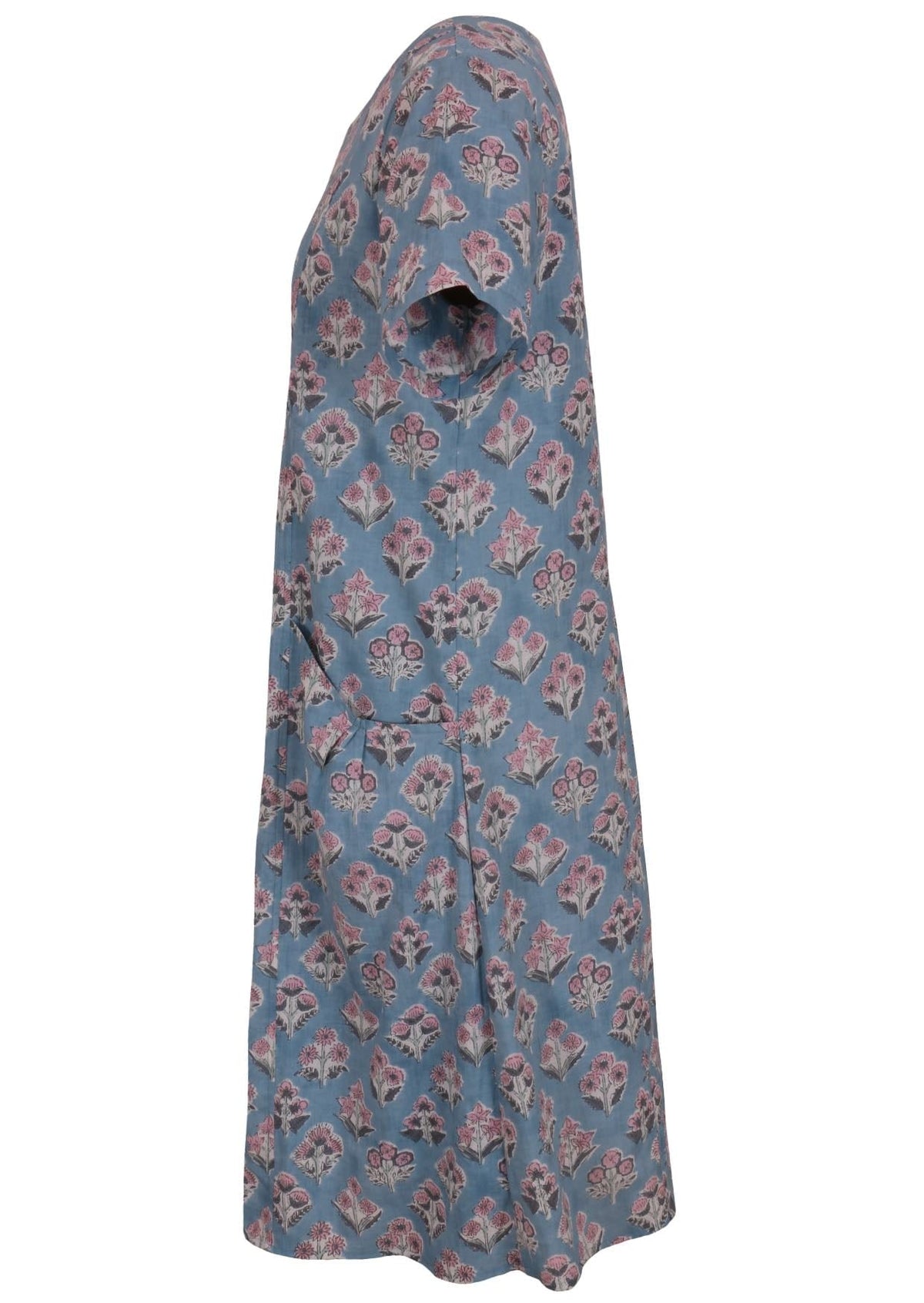 Side view of cotton dress with round neckline and short sleeves in blue based floral print.