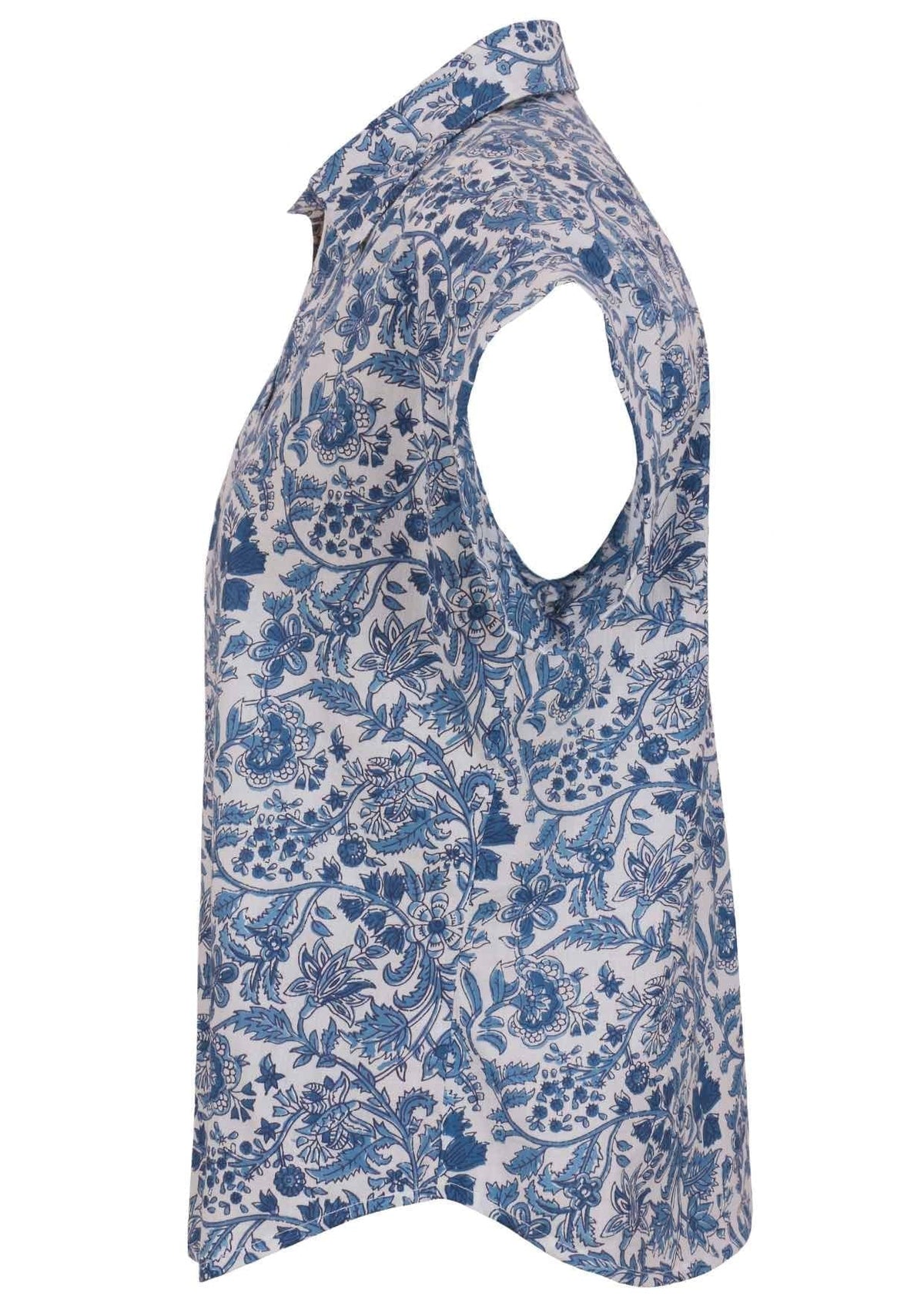 Side view of loose fit shirt style cotton top with collar in white based blue floral print