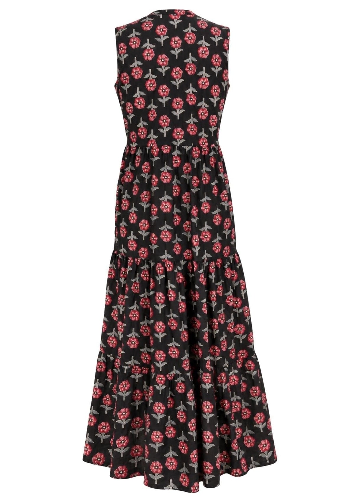 Black floral-print sleeveless tiered maxi dress, Celeste Dress Folklore, back view.