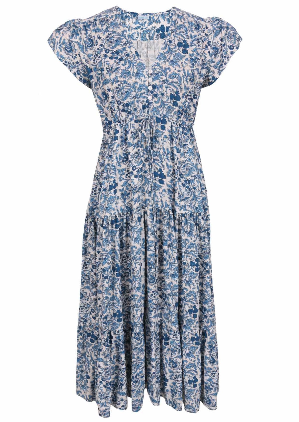Blue and white floral print maxi dress with short sleeves, V-neck, and tiered skirt