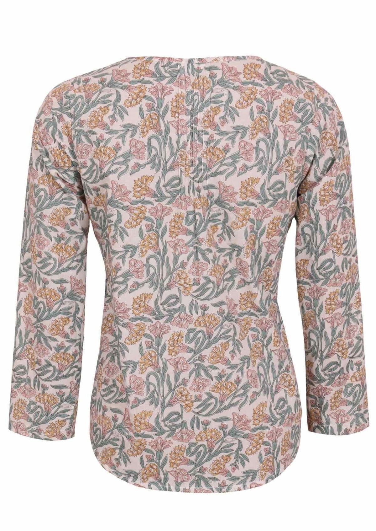 Back image of long sleeve cotton top with white based floral print.