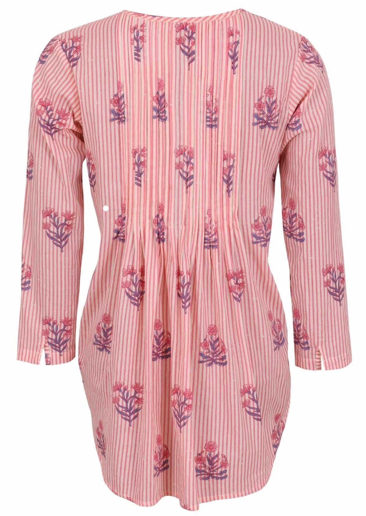 Pink striped white based floral print cotton button through shirt with long sleeves, and pin tucks across the bodice, front and back