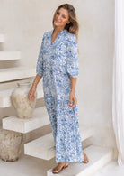 Lightweight 100% cotton, 3 tiered maxi dress in beautiful white based blue floral print