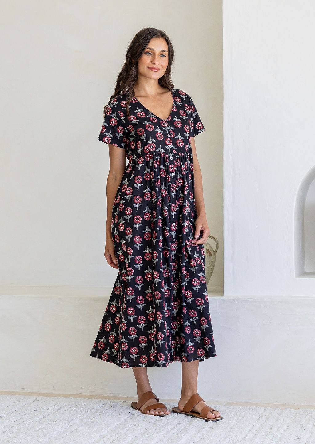 Woman wearing a black floral print midi dress with V-neck and short sleeves.