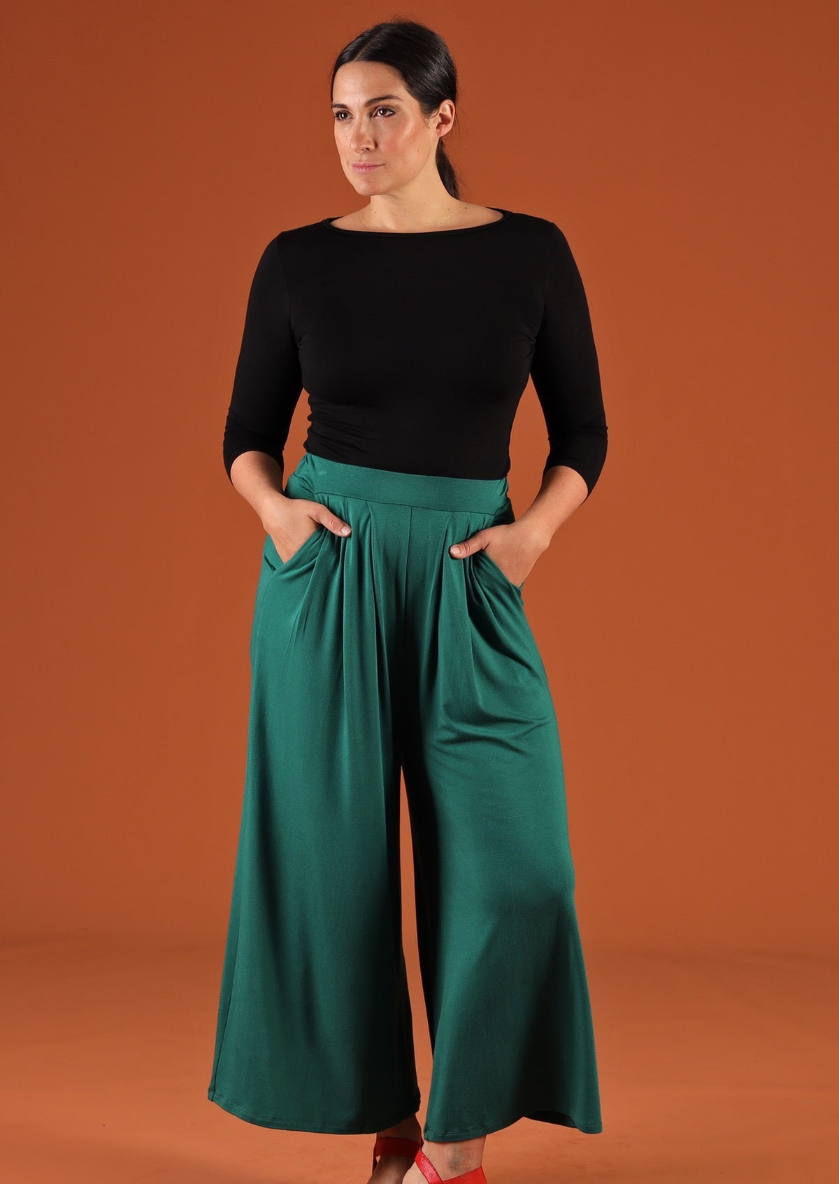 soft stretch rayon wide leg pants jade green