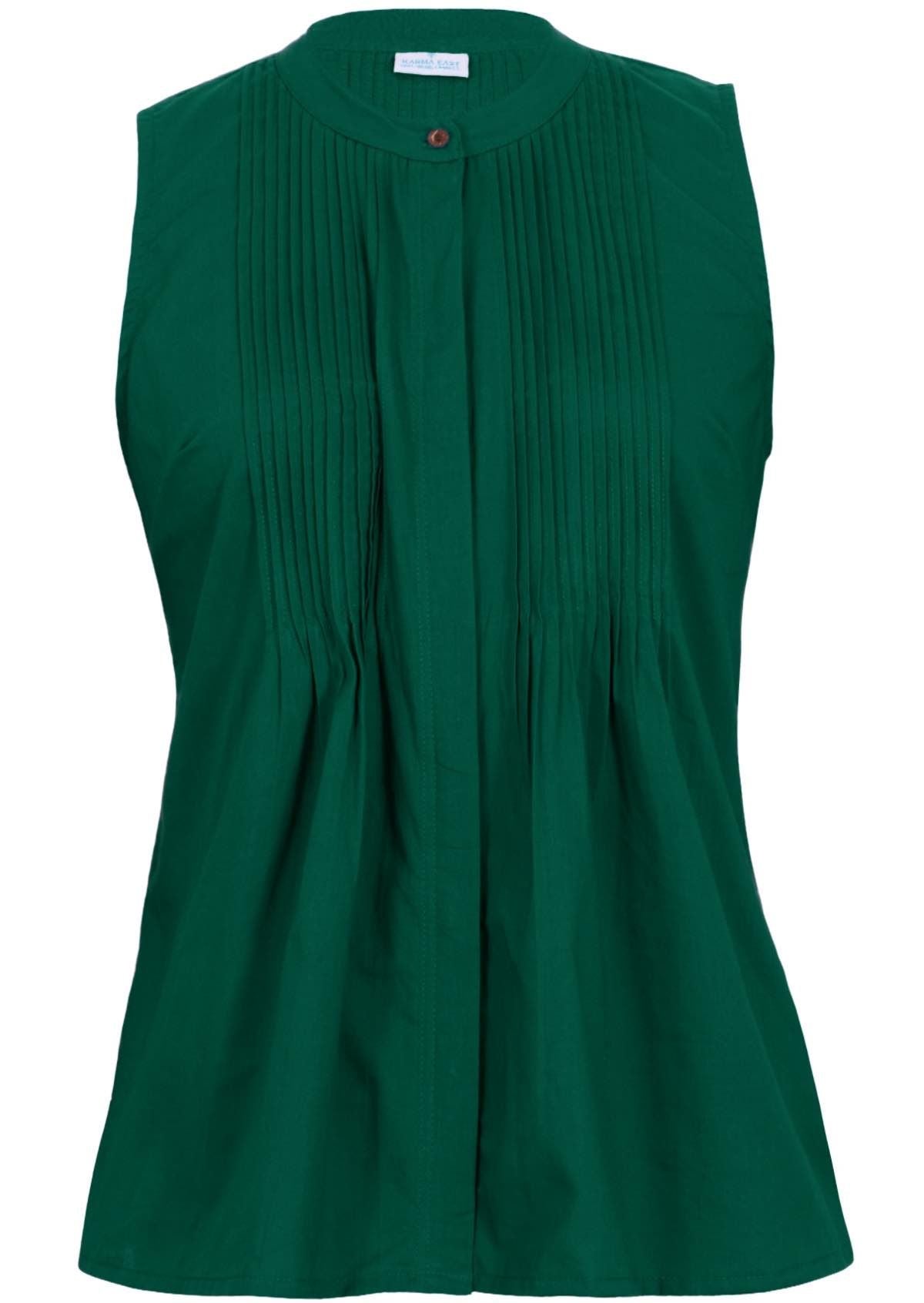 The front side of the top with a dark green sleeveless blouse with pleats.