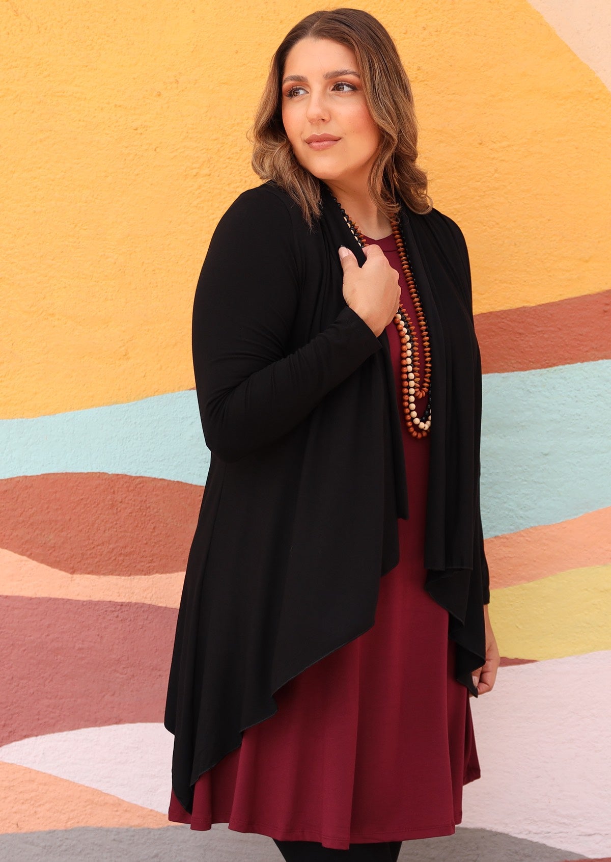 Irregular Hem Stretch Cardi handkerchief hem line long sleeve soft stretch rayon black | Karma East Australia