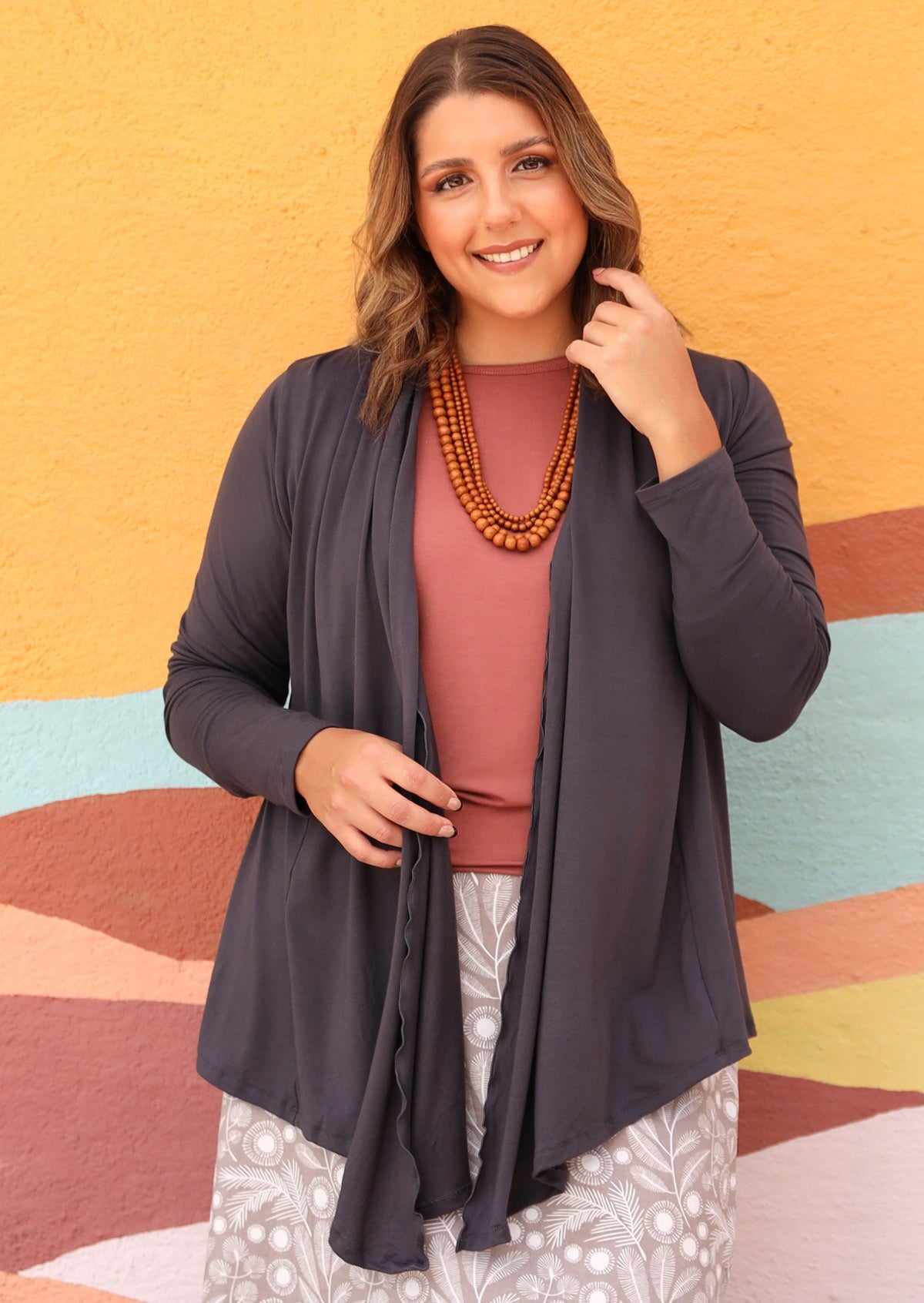 Long Sleeve Stretch Cardi long sleeve longer at front handkerchief hem soft stretch rayon dark grey | Karma East Australia