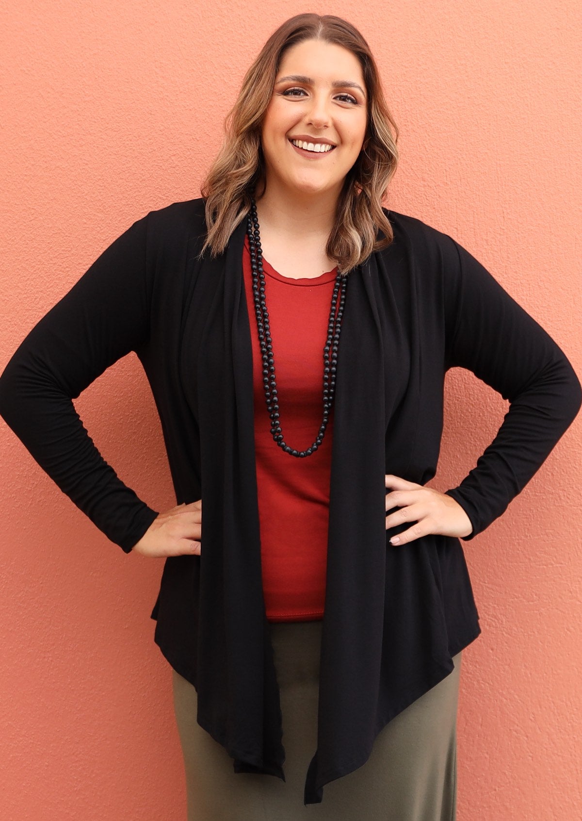 Long Sleeve Stretch Cardi long sleeve longer at front handkerchief hem soft stretch rayon black | Karma East Australia