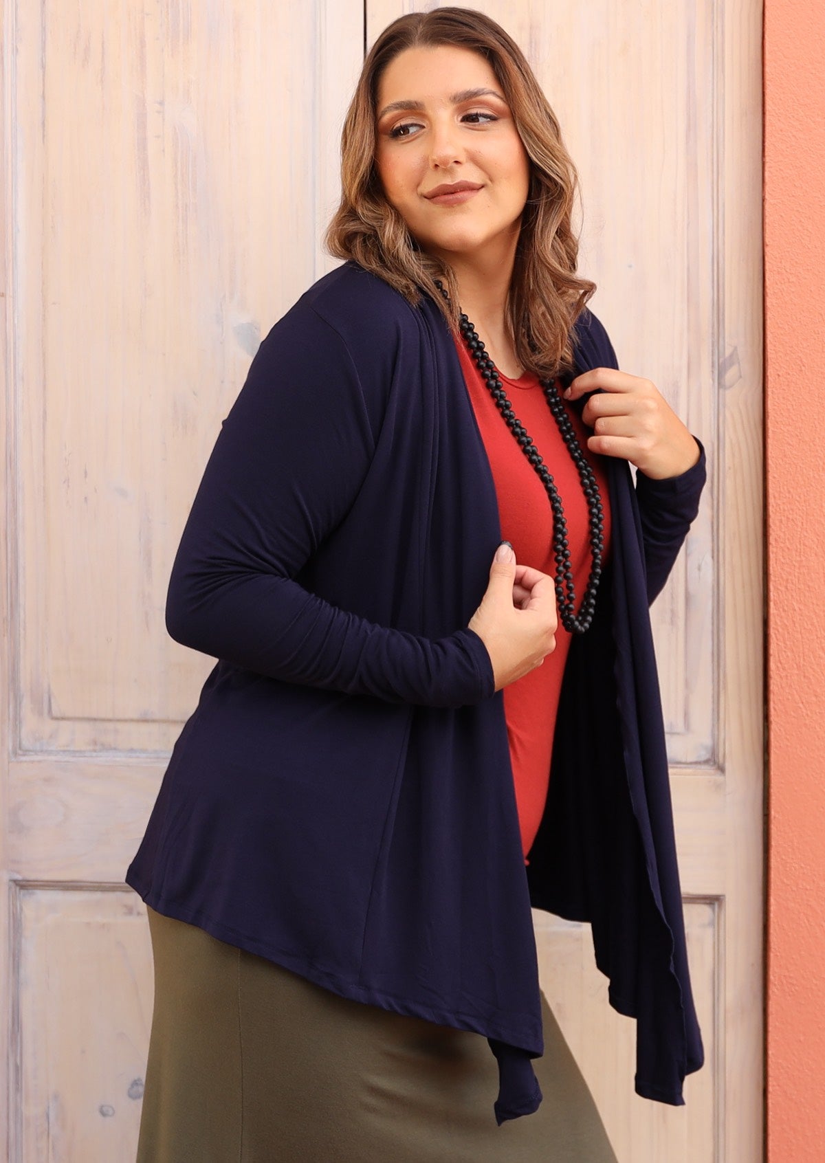 Long Sleeve Stretch Cardi long sleeve longer at front handkerchief hem soft stretch rayon navy blue | Karma East Australia