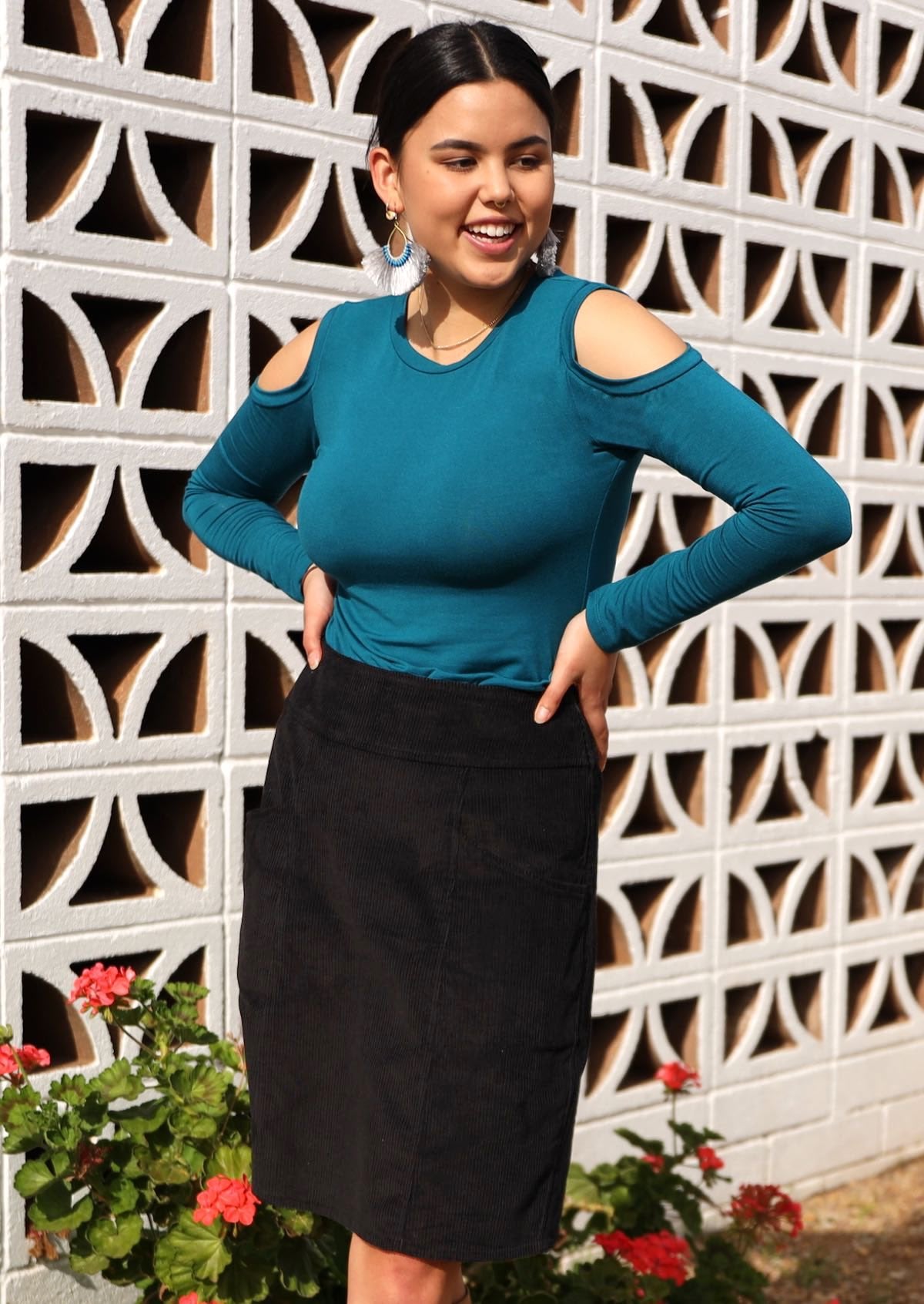 knee length women's cord skirt black