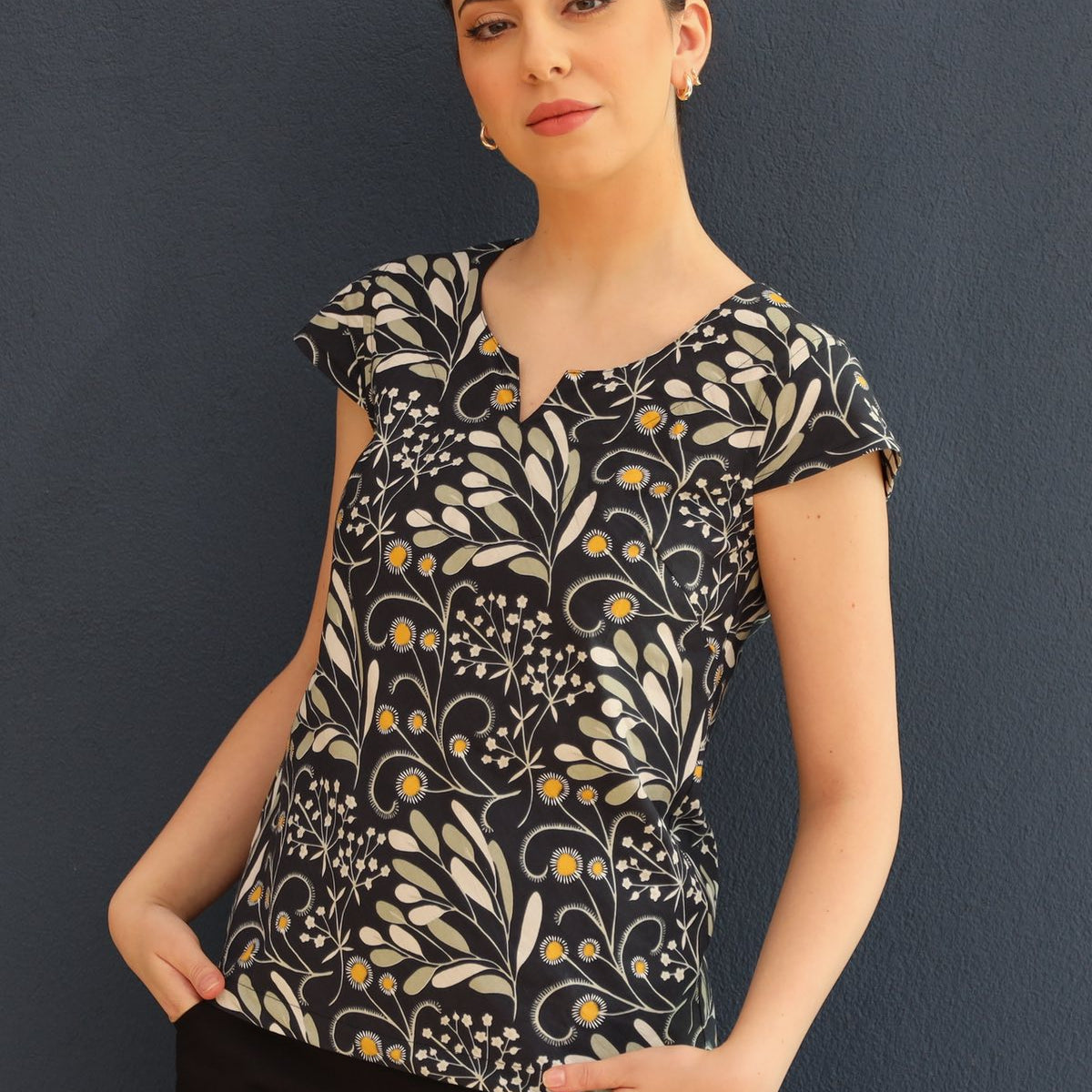100% cotton top with cap sleeves and sweet keyhole cutout in neckline, made in the gorgeous wattle print
