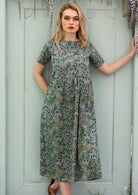 Green Sage and grey Floral Printed Cotton Dress | Karma East Australia Relaxed Fit Short Sleeve Midi Dress with Pockets