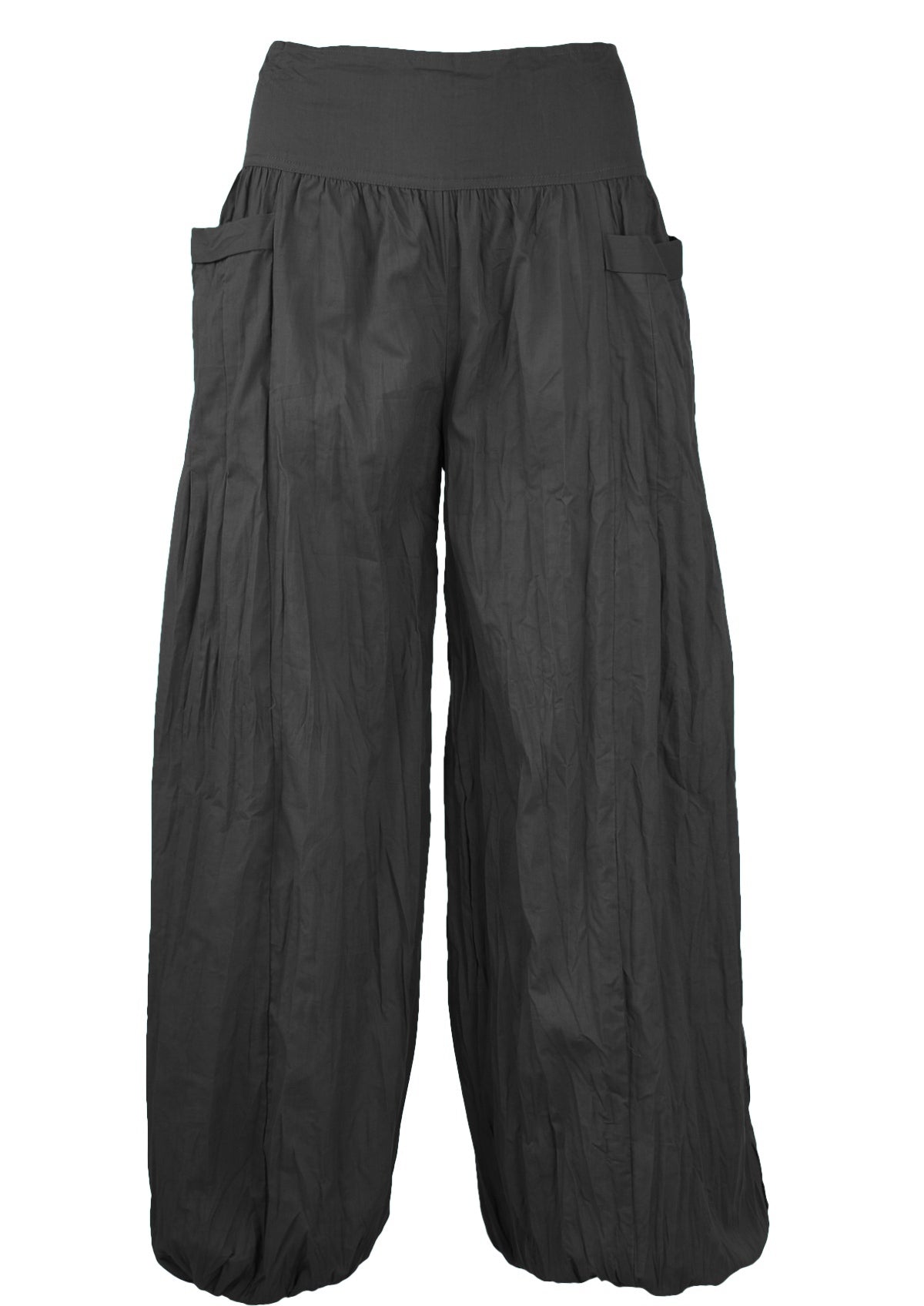 black loose fit 100% cotton pants with wide flat front waistband and pockets