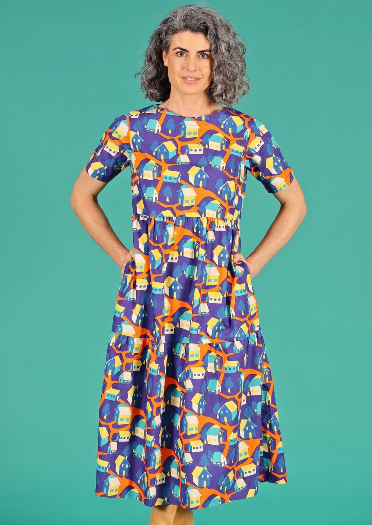 shin length cotton short sleeve dress with pockets