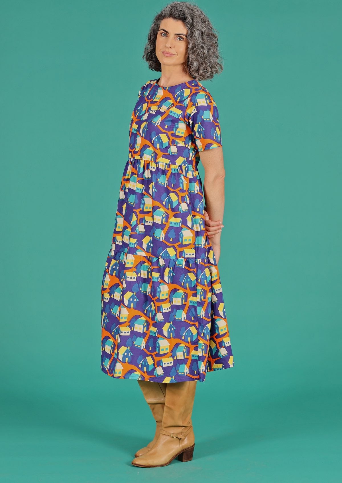 short sleeve tiered cotton dress with pockets