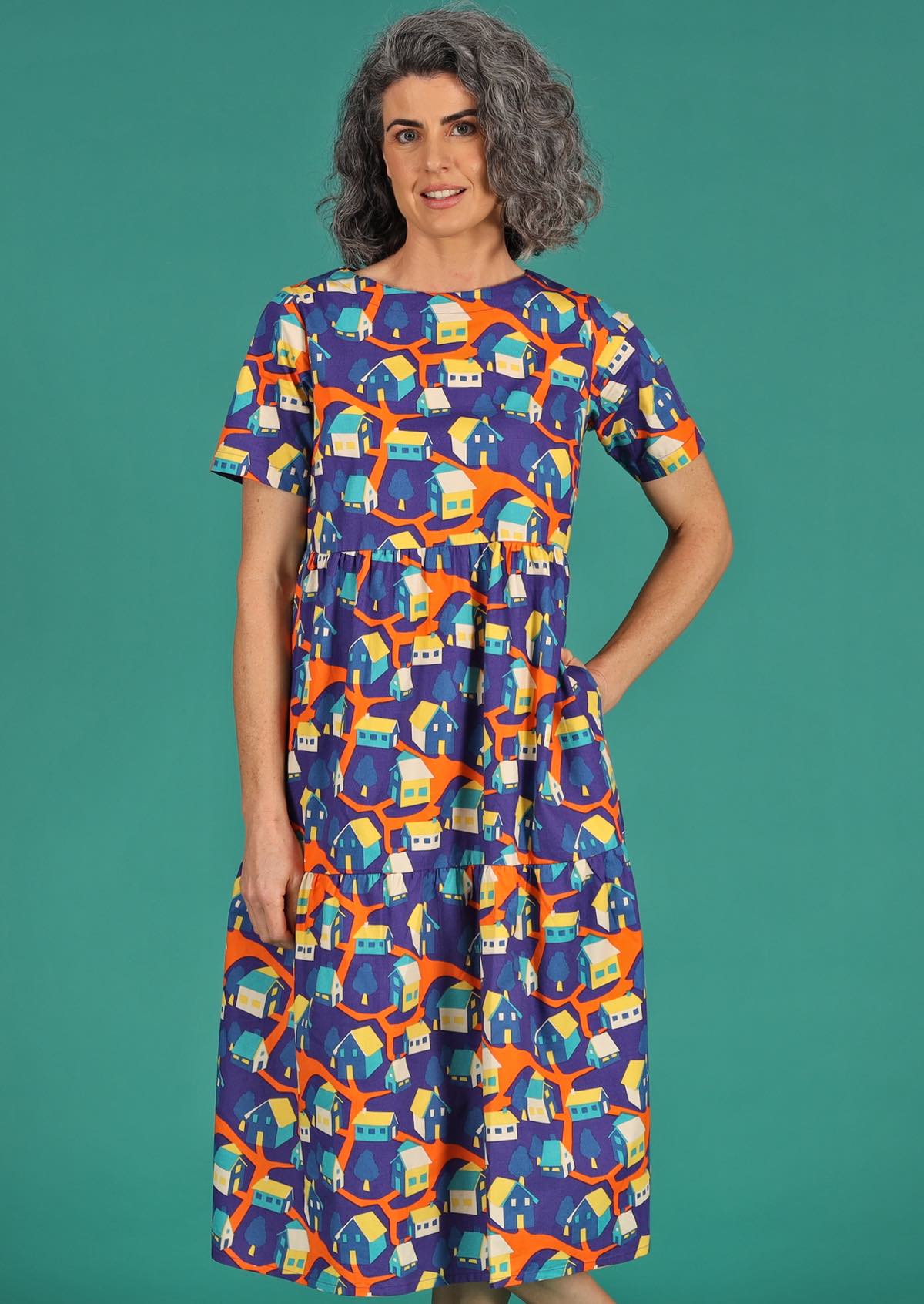 boat neck short sleeve 3 tiered cotton dress