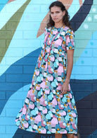 Woman wearing short sleeve women's midi dress