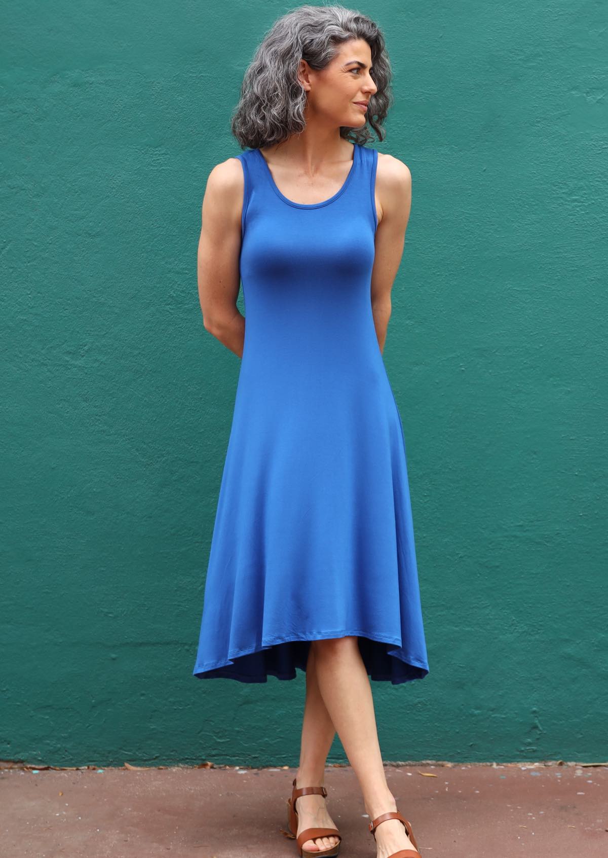 Concave Hem Dress round neck sleeveless a-line skirt concave hem soft stretch rayon blue | Karma East Australia