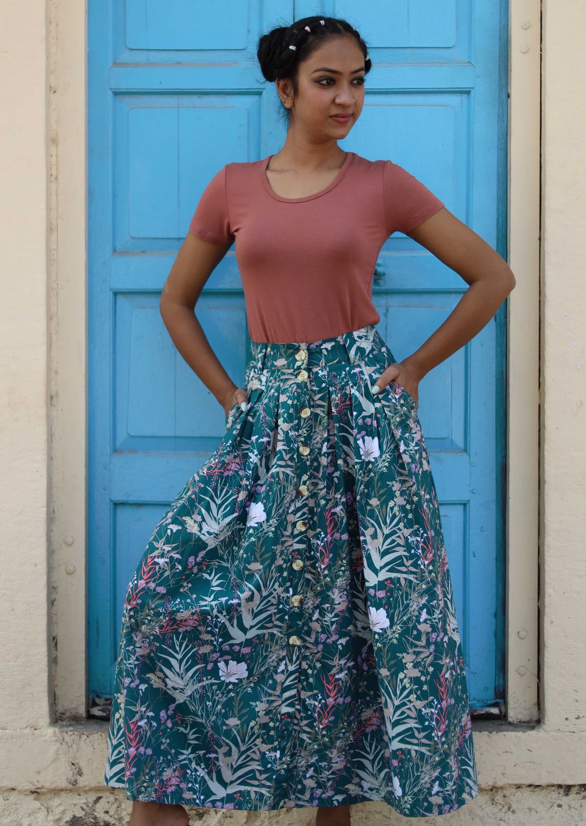 Cora Skirt Verdure aqua pink floral print 100% cotton