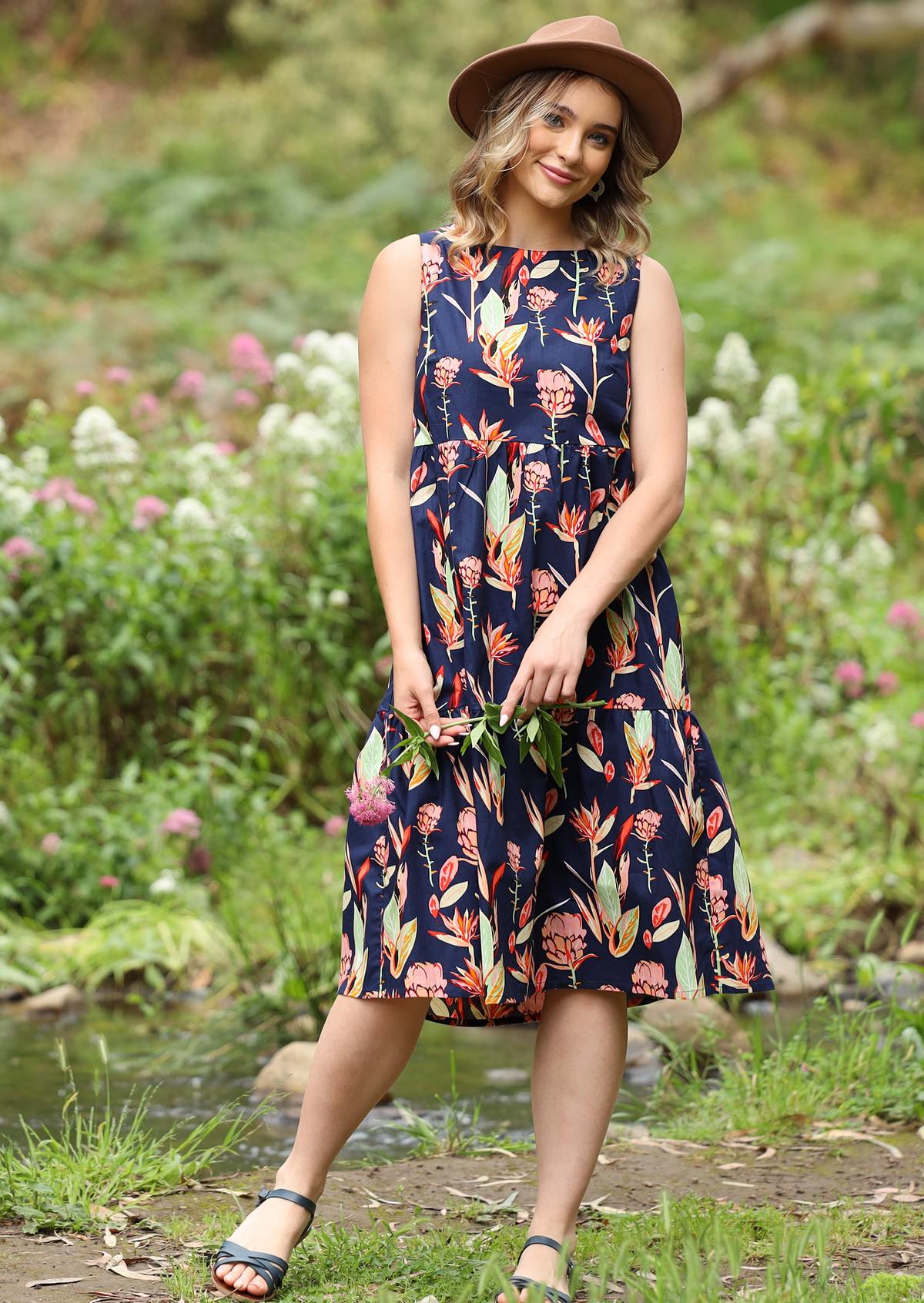 Woman in a hat wearing below the Knee Length Cotton Dress
