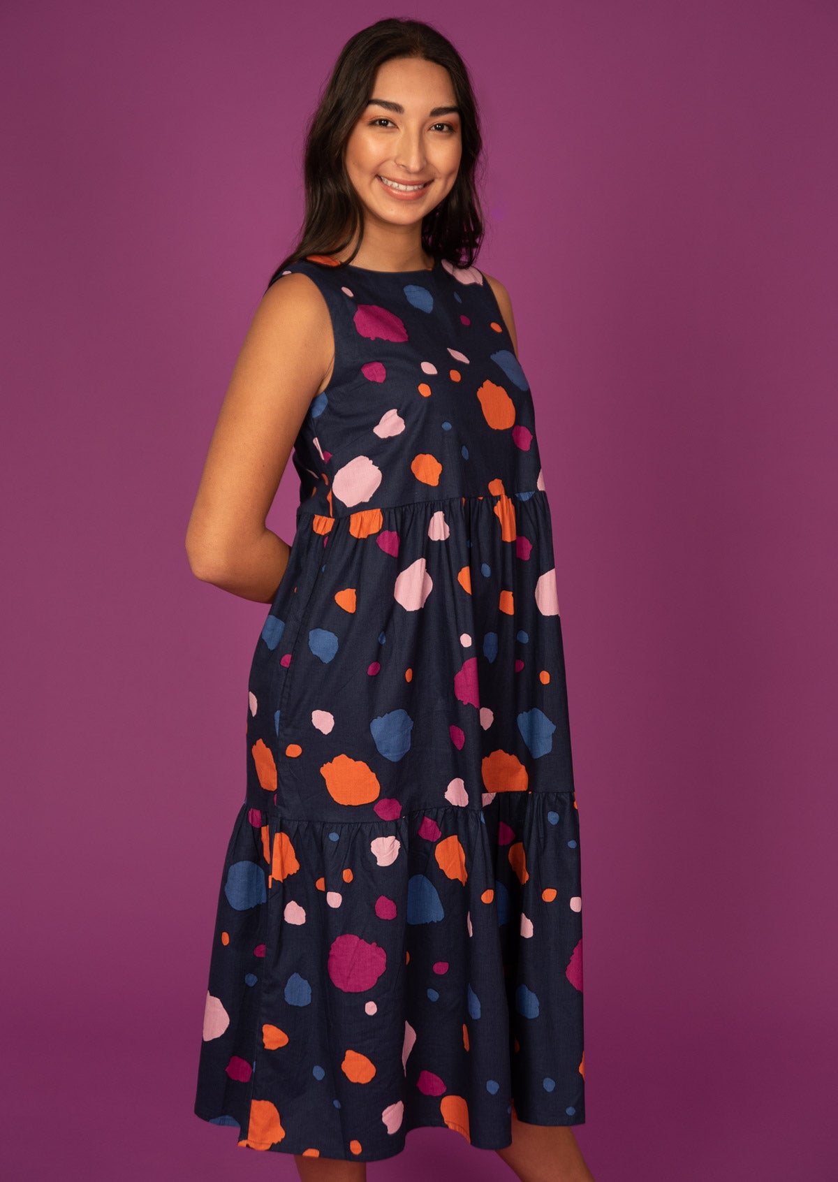 Bold Colourful Printed Cotton Dress with high round neckline and tiers.