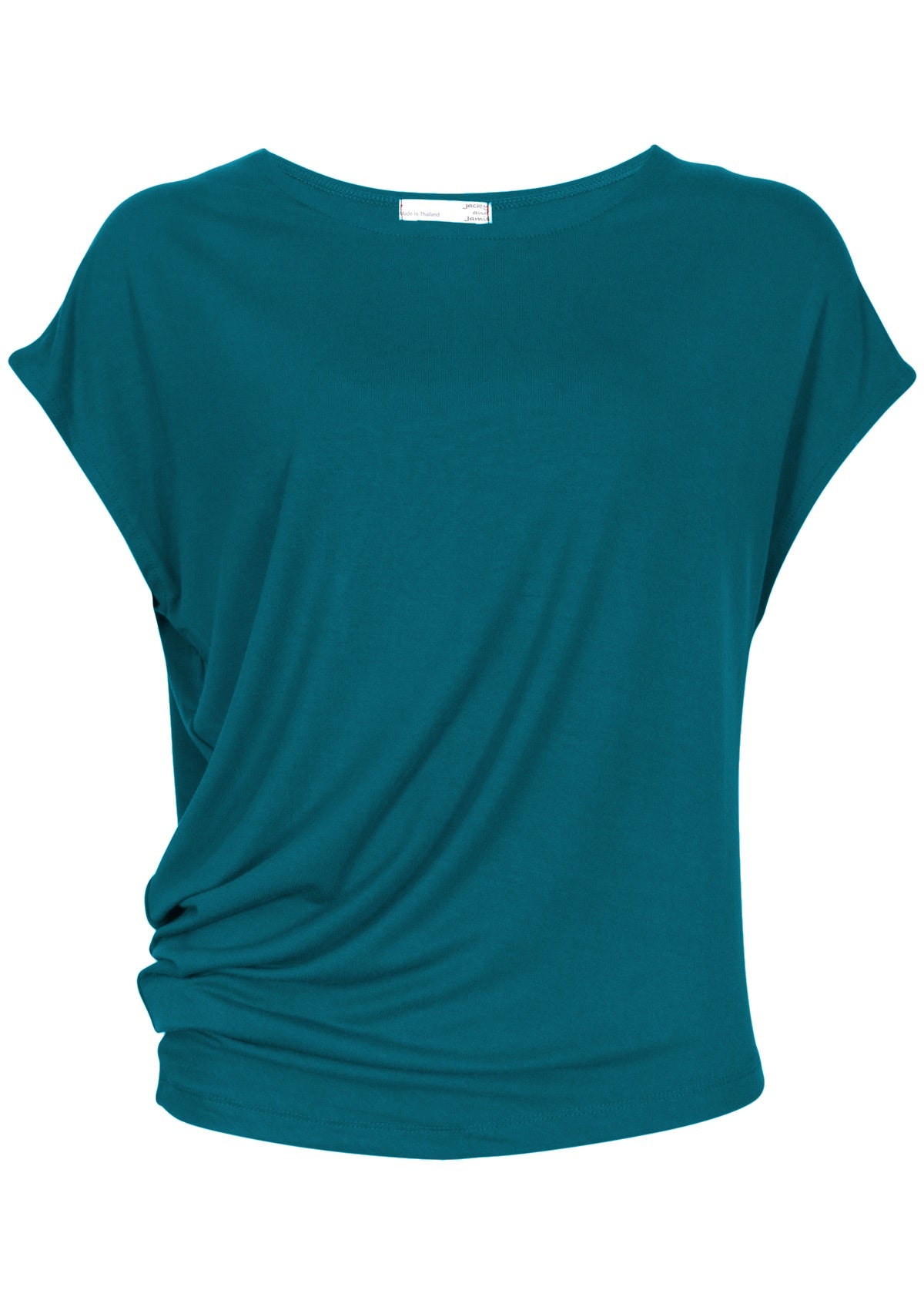 short sleeve teal women's top with asymmetrical hemline