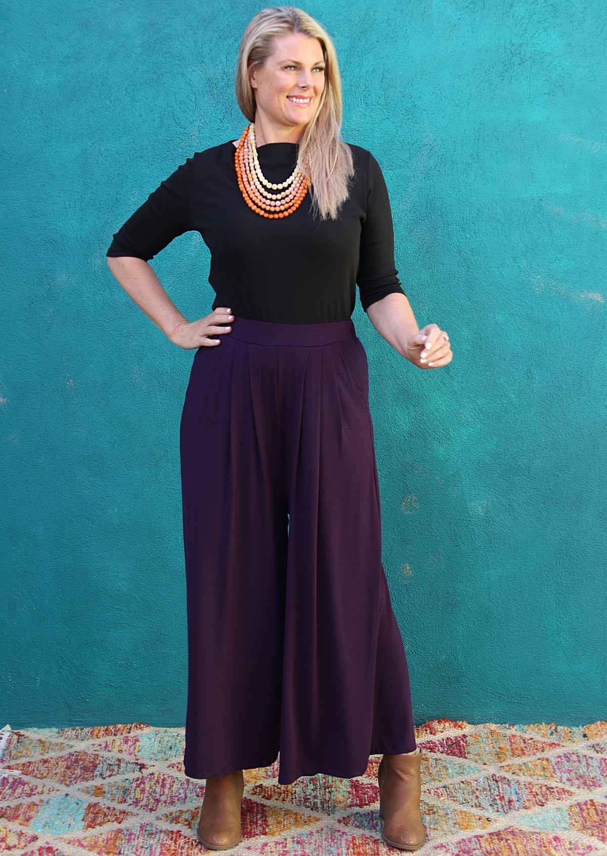 Wide Leg Stretch Pocket Pant wide leg elasticated back waistband front pleats pockets low crotch soft stretch rayon dark purple | Karma East Australia