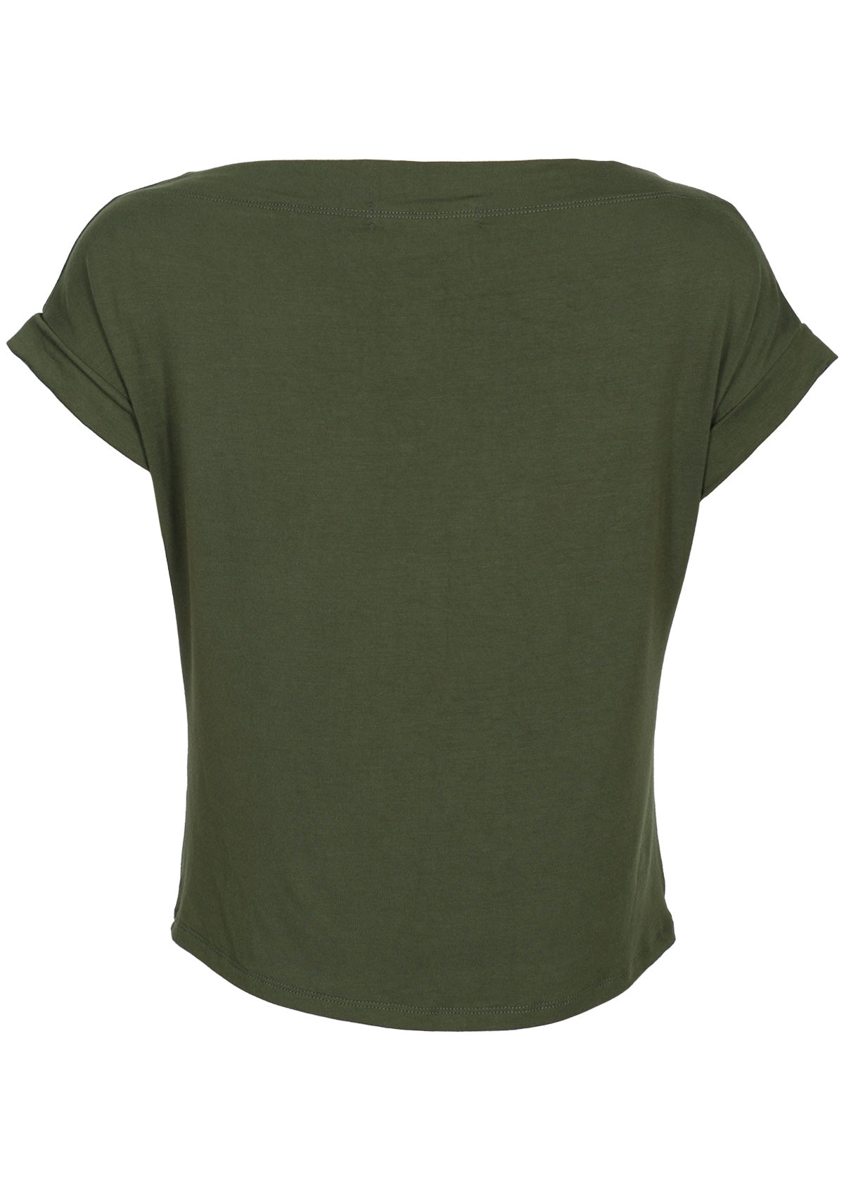 Back view of women's wide neck mod olive green stretch rayon boat neck top