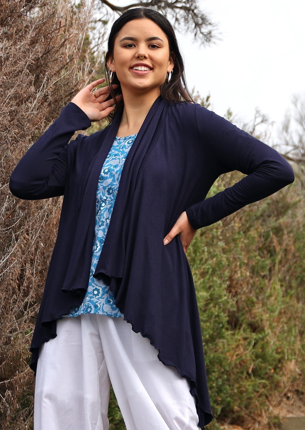 Irregular Hem Stretch Cardi handkerchief hem line long sleeve soft stretch rayon navy blue | Karma East Australia