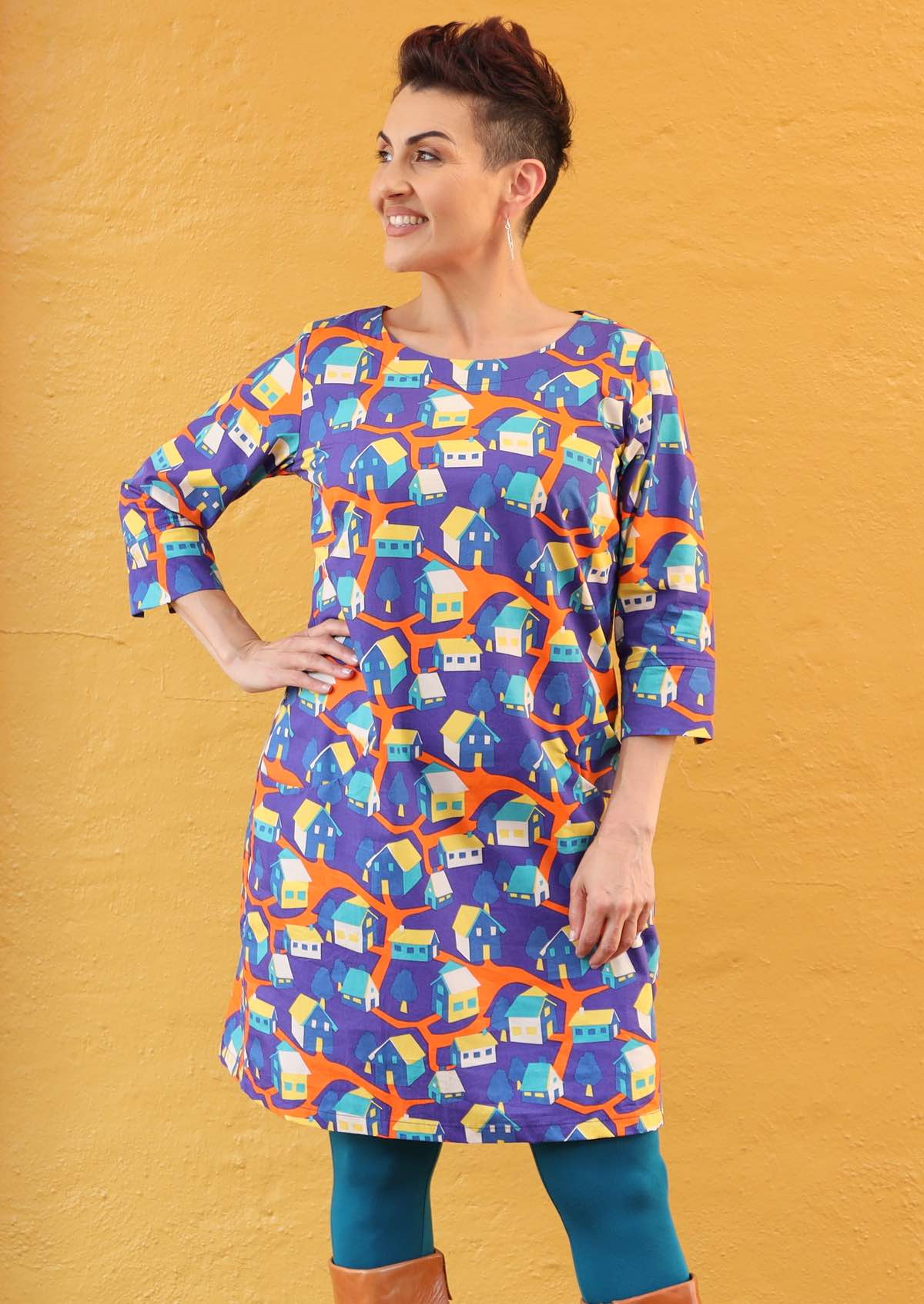 round neckline 3/4 sleeve women's dress